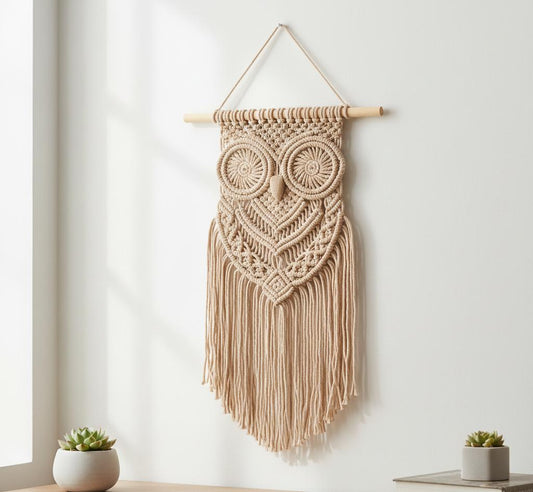Dekoracja ścienna sowa makrama z bawełnianego sznurka