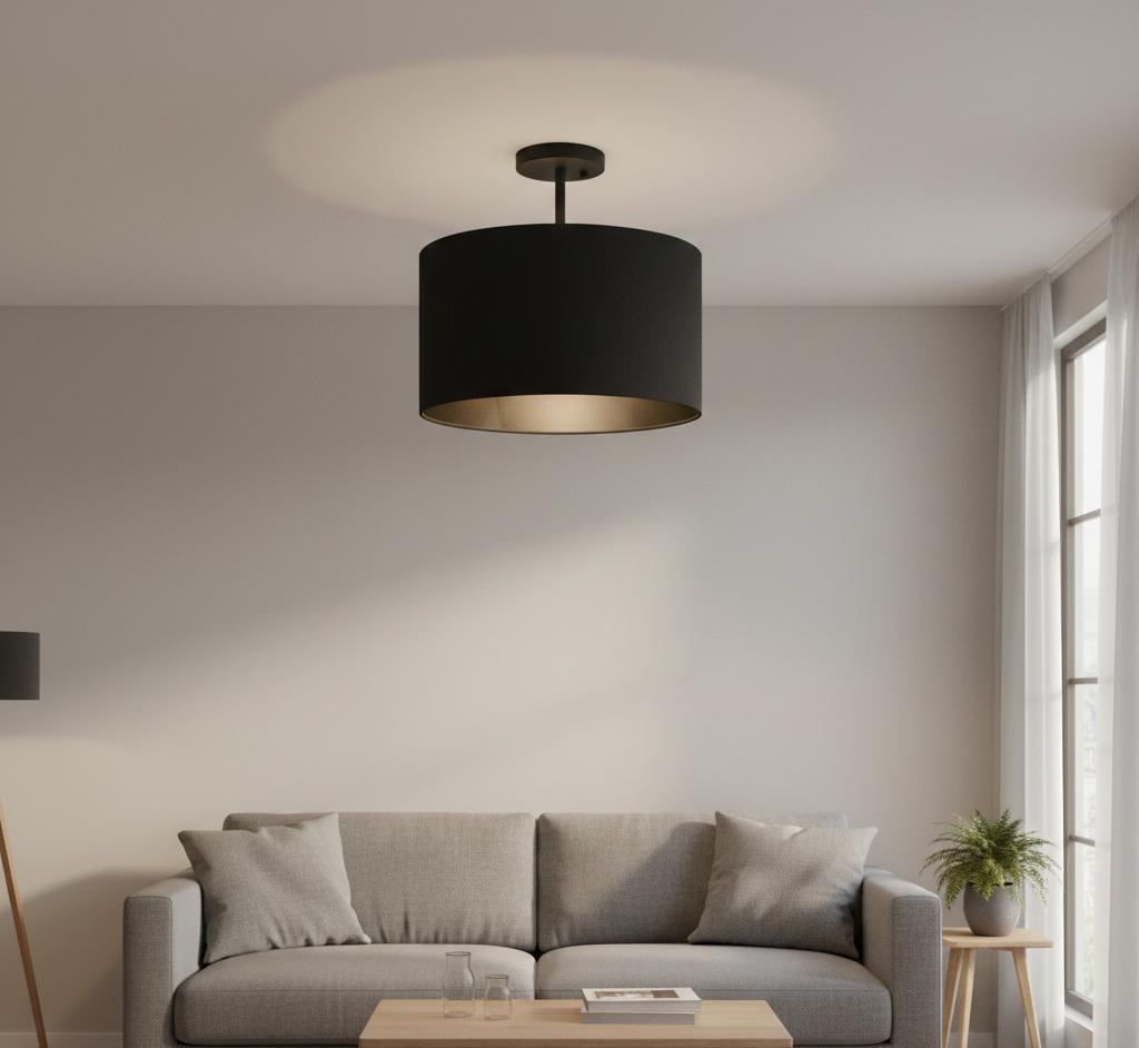 Lampa sufitowa z czarnym materiałowym kloszem