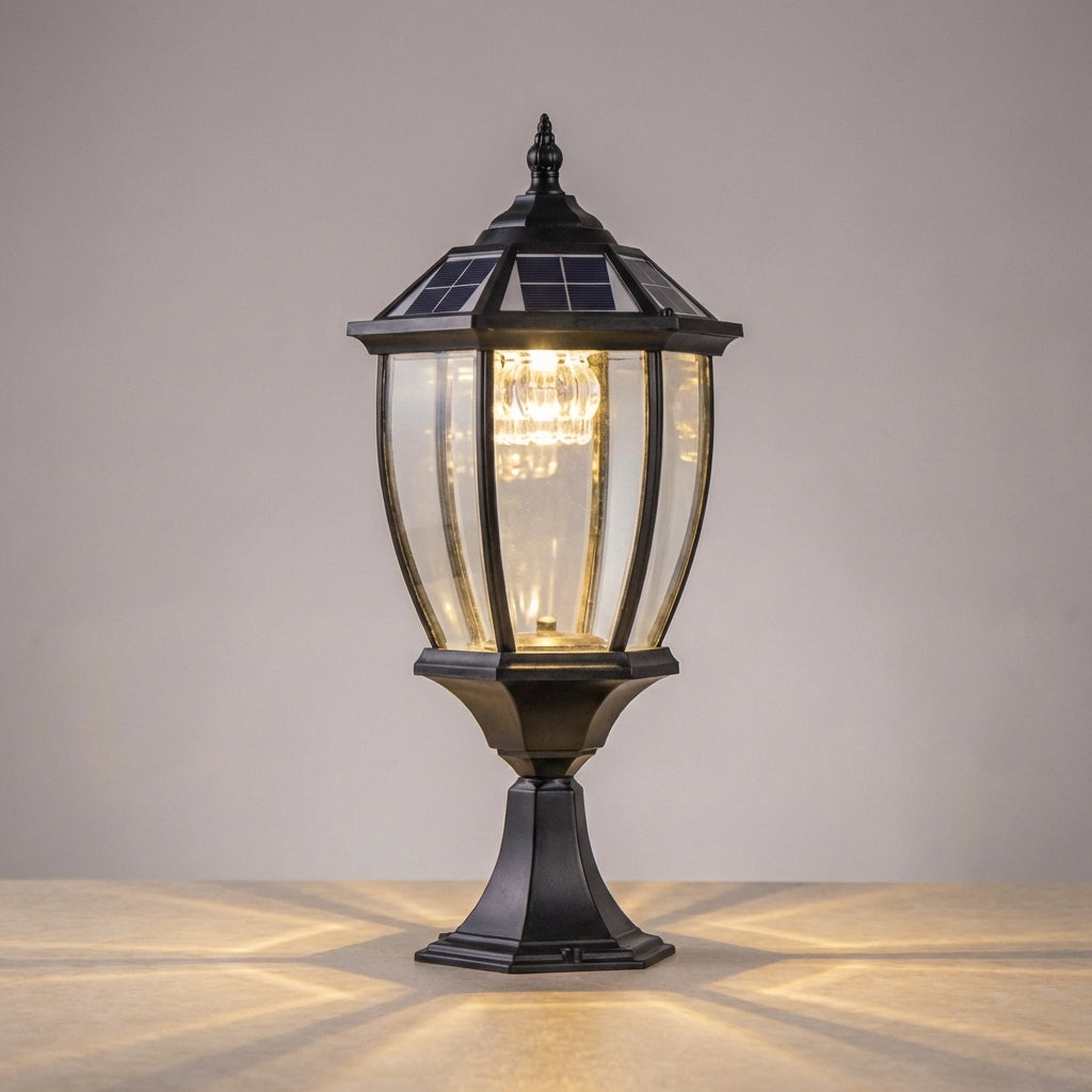 Zewnętrzna lampa solarna z ciepłym światłem LED – styl retro z aluminium i szkła
