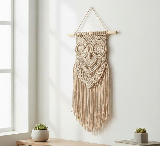 Dekoracja ścienna sowa makrama z bawełnianego sznurka