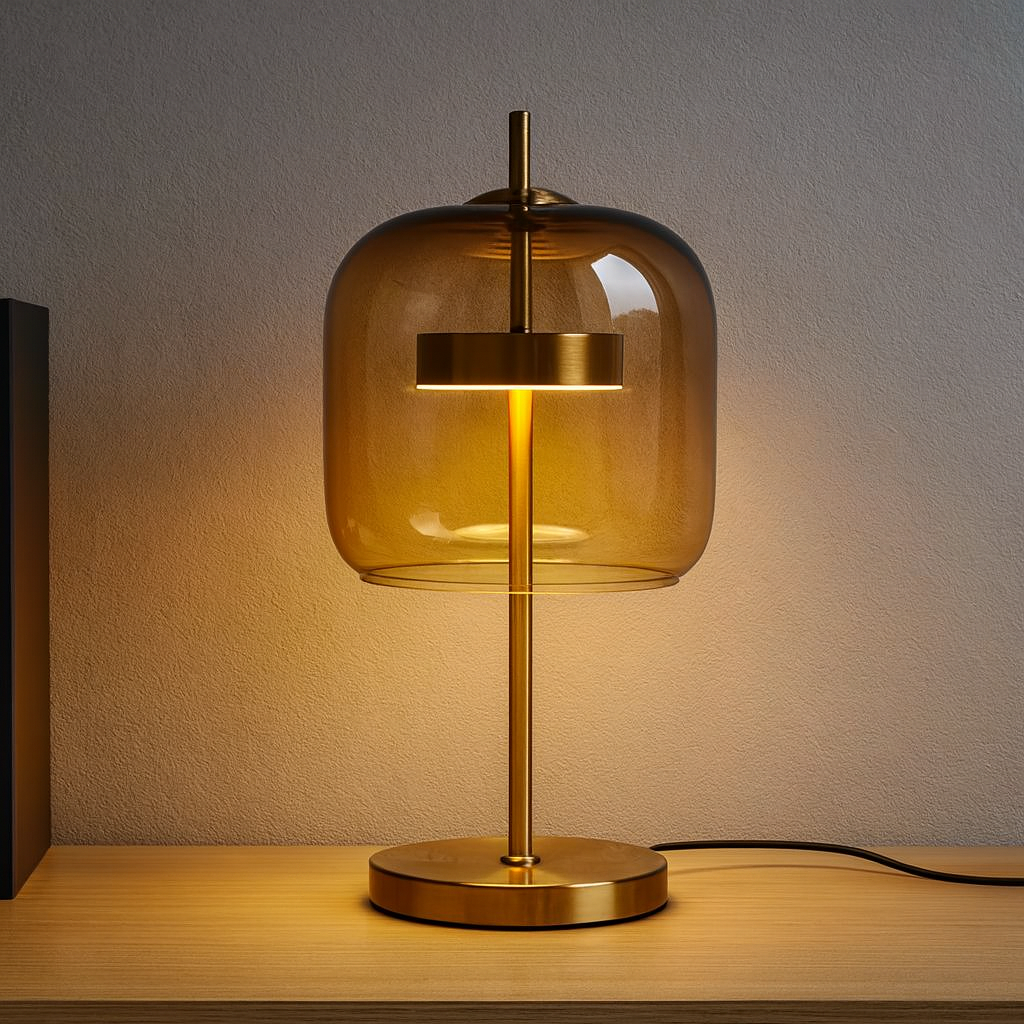 Elegancka Szklana Lampa Stołowa z Żelazną Podstawą