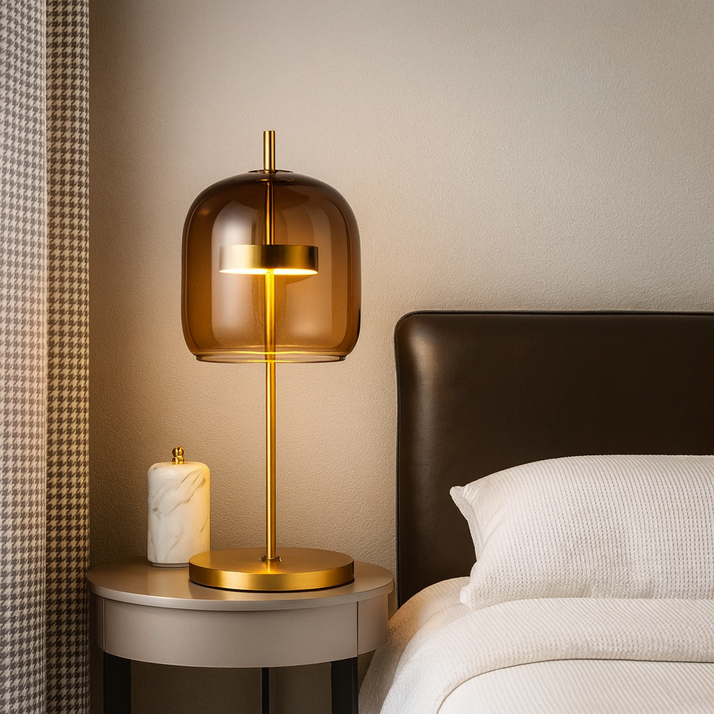 Elegancka Szklana Lampa Stołowa z Żelazną Podstawą