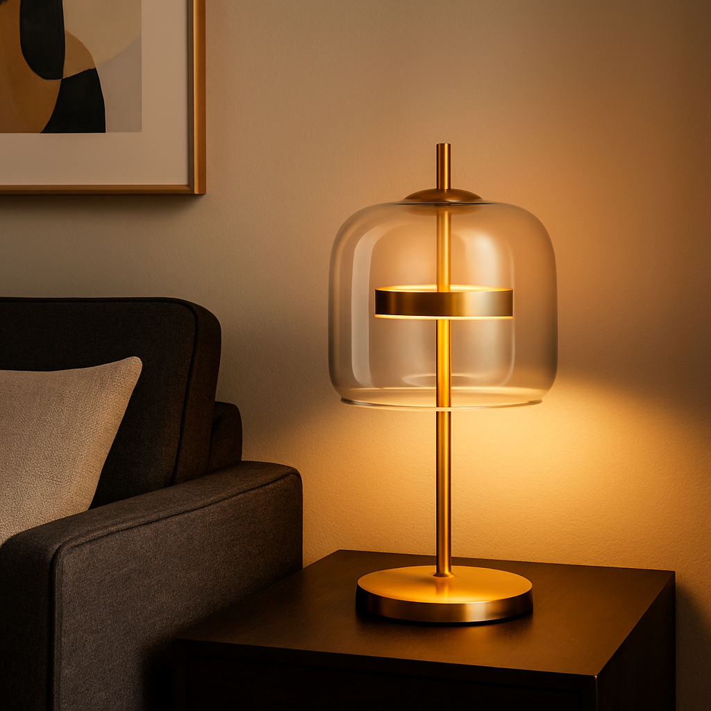 Elegancka Szklana Lampa Stołowa z Żelazną Podstawą