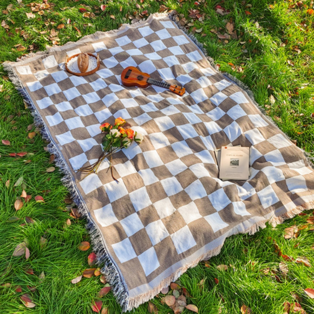Duży Koc Piknikowy z Mikrofibry z Frędzlami | Wygodny i Stylowy na Zewnątrz