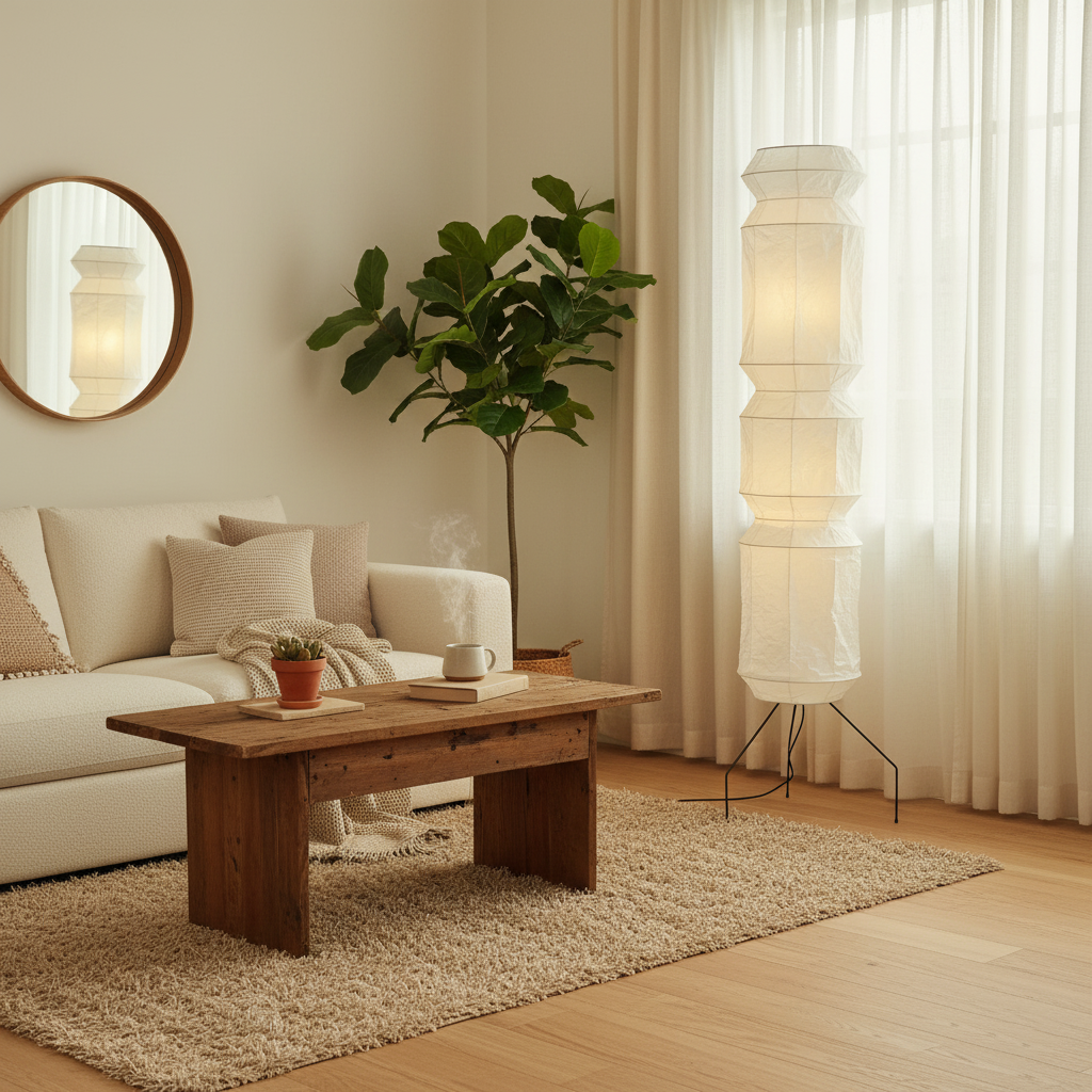 Lampa Podłogowa Nowoczesna z Kloszem z Papieru Washi | Regulowana Wysokość dla Przytulnej Atmosfery