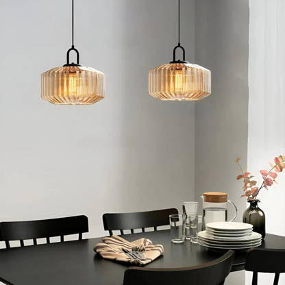Lampa Wisząca Retro ze Szkła Żebrowanego z Ciepłym Blaskiem | Stylowe Oświetlenie do Salonu