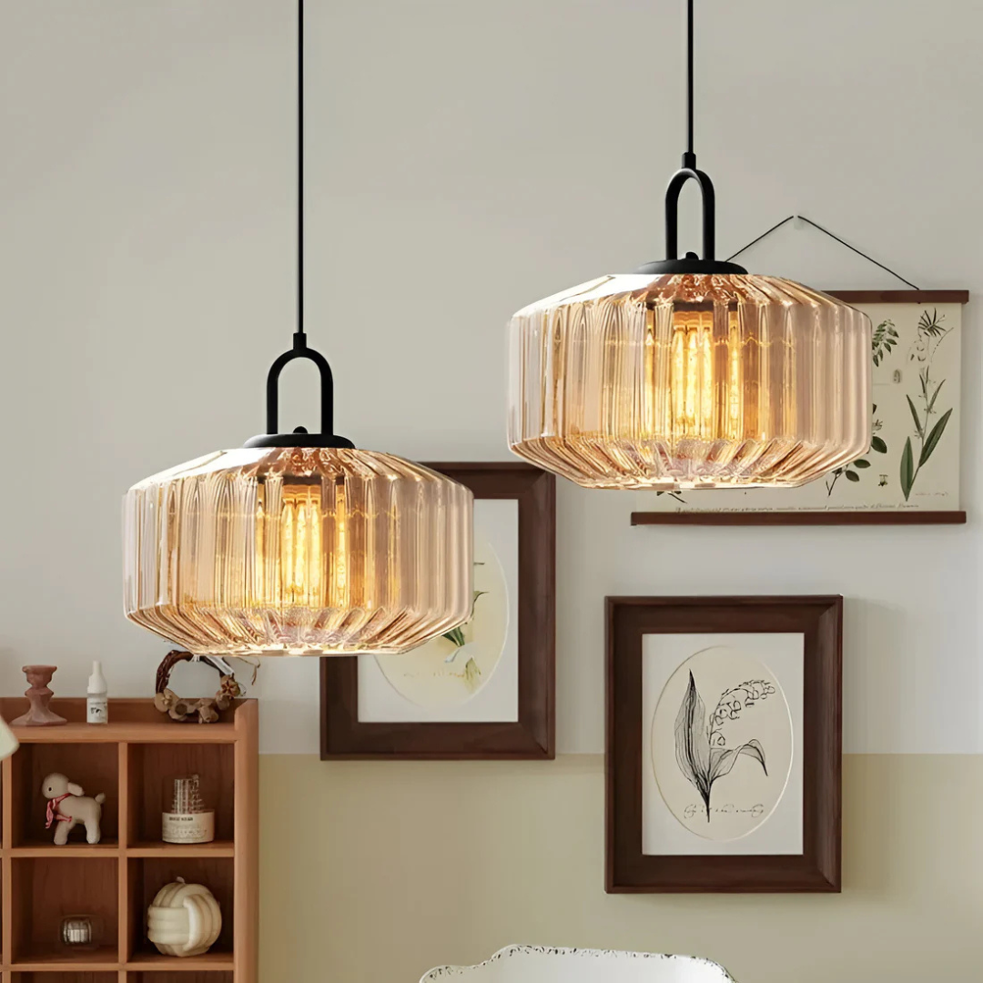 Lampa Wisząca Retro ze Szkła Żebrowanego z Ciepłym Blaskiem | Stylowe Oświetlenie do Salonu