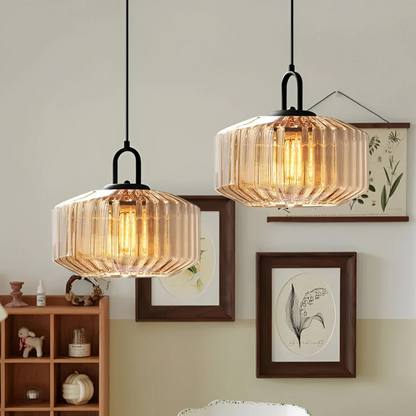 Lampa Wisząca Retro ze Szkła Żebrowanego z Ciepłym Blaskiem | Stylowe Oświetlenie do Salonu