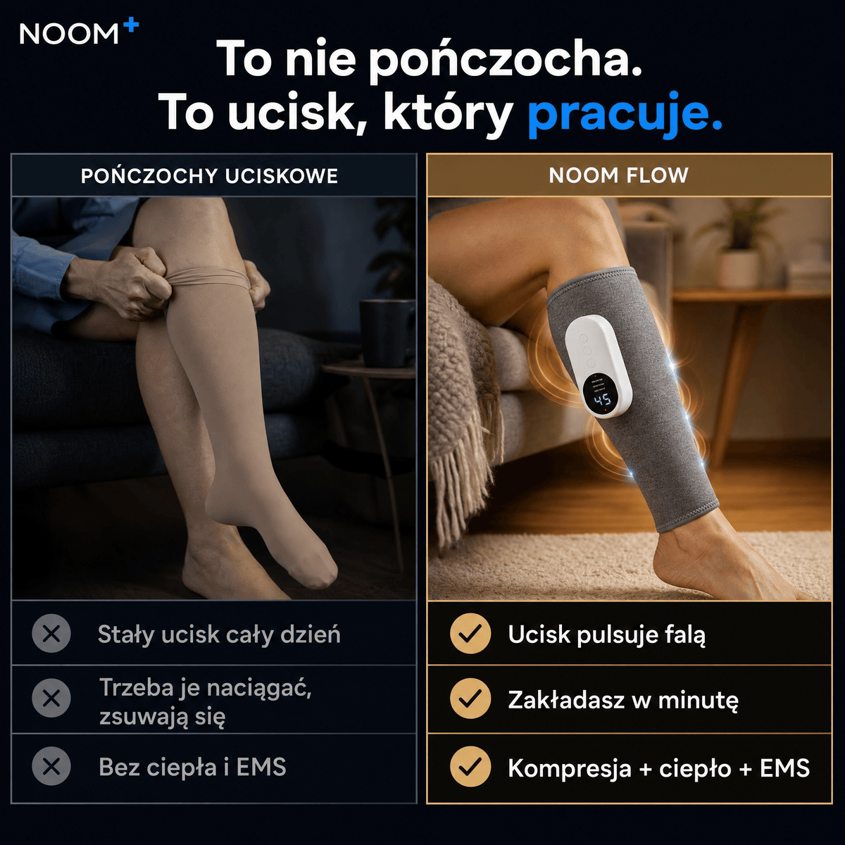 Noom FlowEMS | Masażer Łydek z Pneumatyczną Kompresją i EMS | Regulowane Poziomy Ucisku dla Ulgi w Zmęczeniu