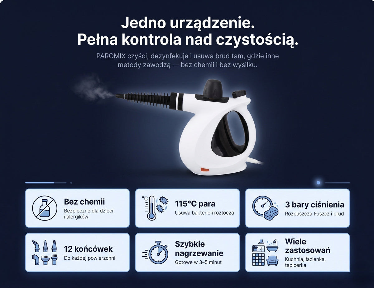 Paromix Myjka Parowa z 16 Akcesoriami i Szybkim Nagrzewaniem