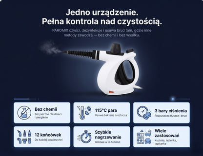 Paromix Myjka Parowa z 16 Akcesoriami i Szybkim Nagrzewaniem