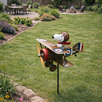 Snoopy Garden | Wiatrak Ogrodowy z Motywem Snoopiego i Czerwonego Barona | Kolorowa Dekoracja do Ogrodu