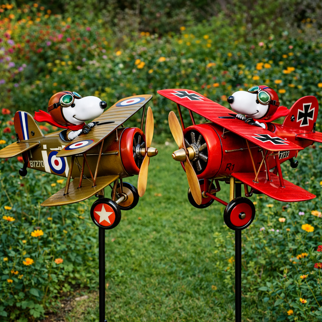 Snoopy Garden | Wiatrak Ogrodowy z Motywem Snoopiego i Czerwonego Barona | Kolorowa Dekoracja do Ogrodu