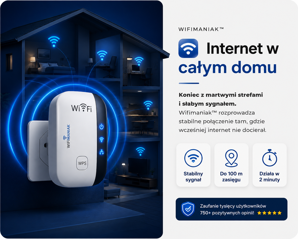WifiManiak | Wzmacniacz Sygnału WiFi 3.1 PRO z Technologią Eliminacji Martwych Stref dla Stabilnego Połączenia w Całym Domu