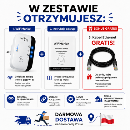 WifiManiak | Wzmacniacz Sygnału WiFi 3.1 PRO z Technologią Eliminacji Martwych Stref dla Stabilnego Połączenia w Całym Domu