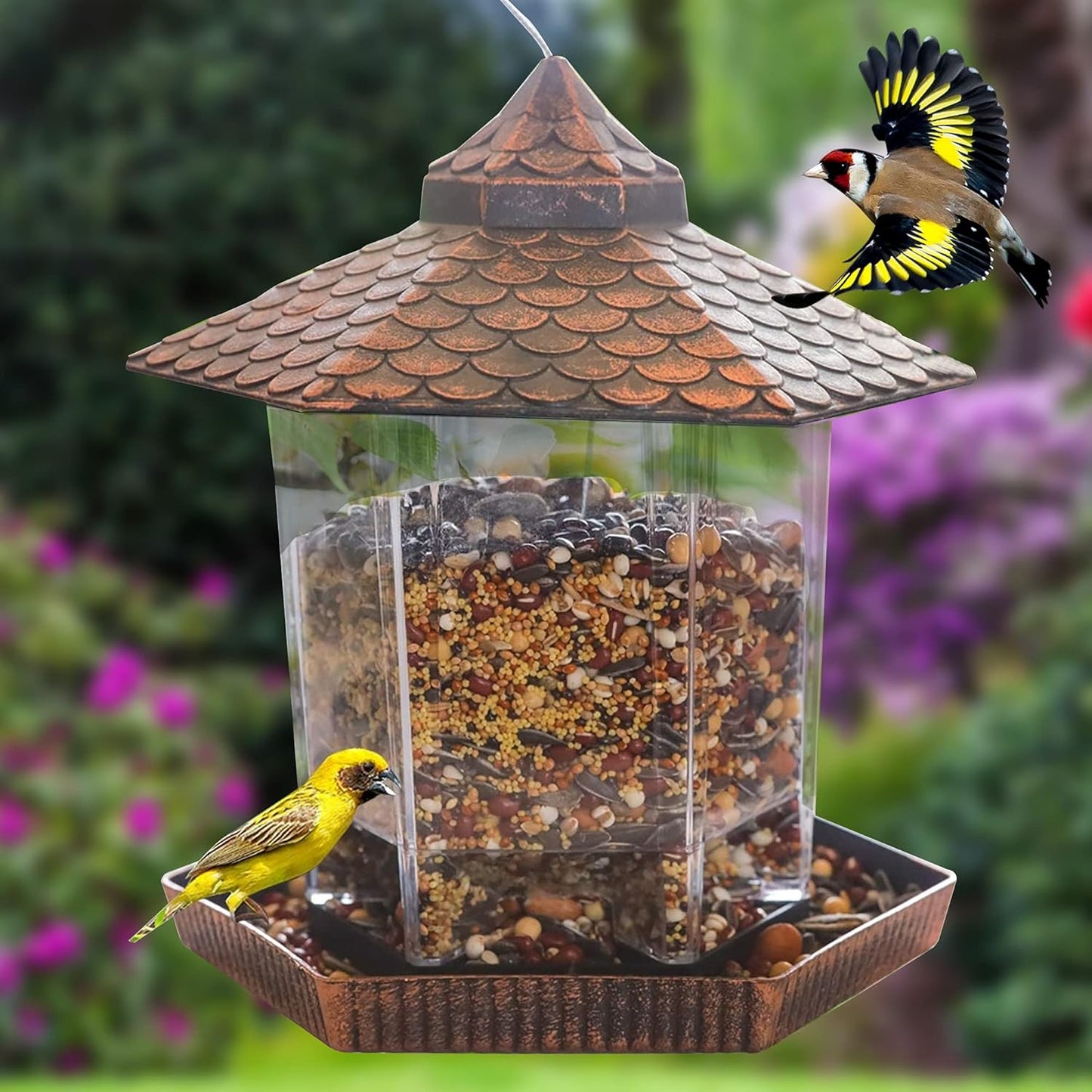 Wiszący karmnik dla ptaków – ekologiczny design z miedzianym dachem – przezroczysty pojemnik na nasiona – idealny dla dzikich ptaków (20 cm x 22 cm).