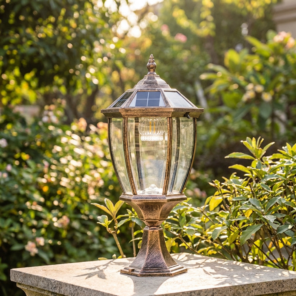Zewnętrzna lampa solarna z ciepłym światłem LED – styl retro z aluminium i szkła