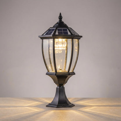 Zewnętrzna lampa solarna z ciepłym światłem LED – styl retro z aluminium i szkła